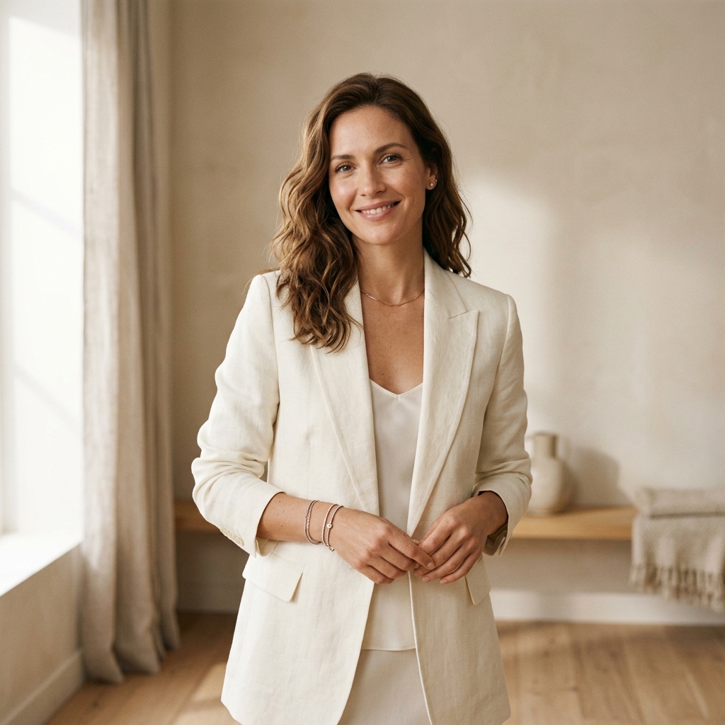 Mulher sorrindo com blazer de linho marfim demonstrando sofisticação natural
