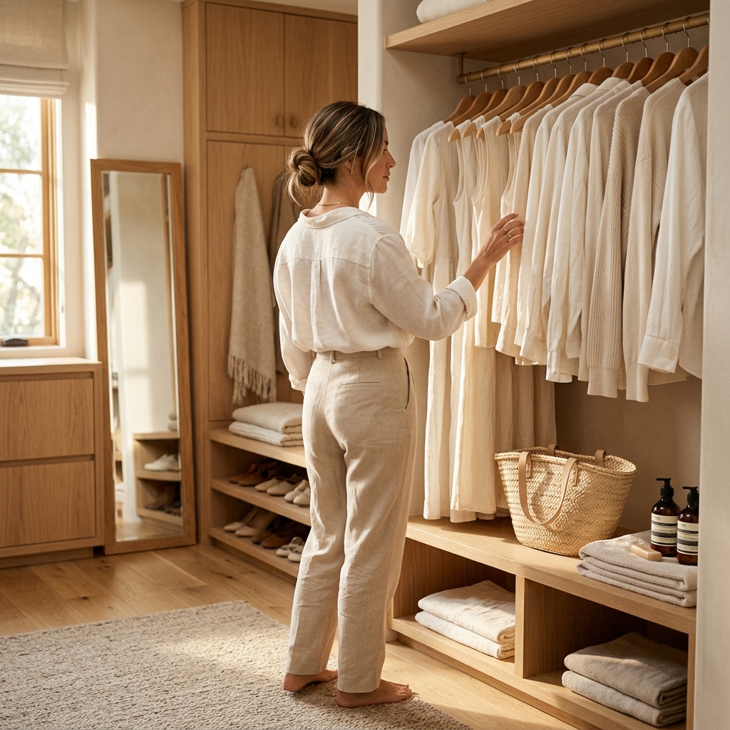 Mulher elegante diante de um closet minimalista e organizado