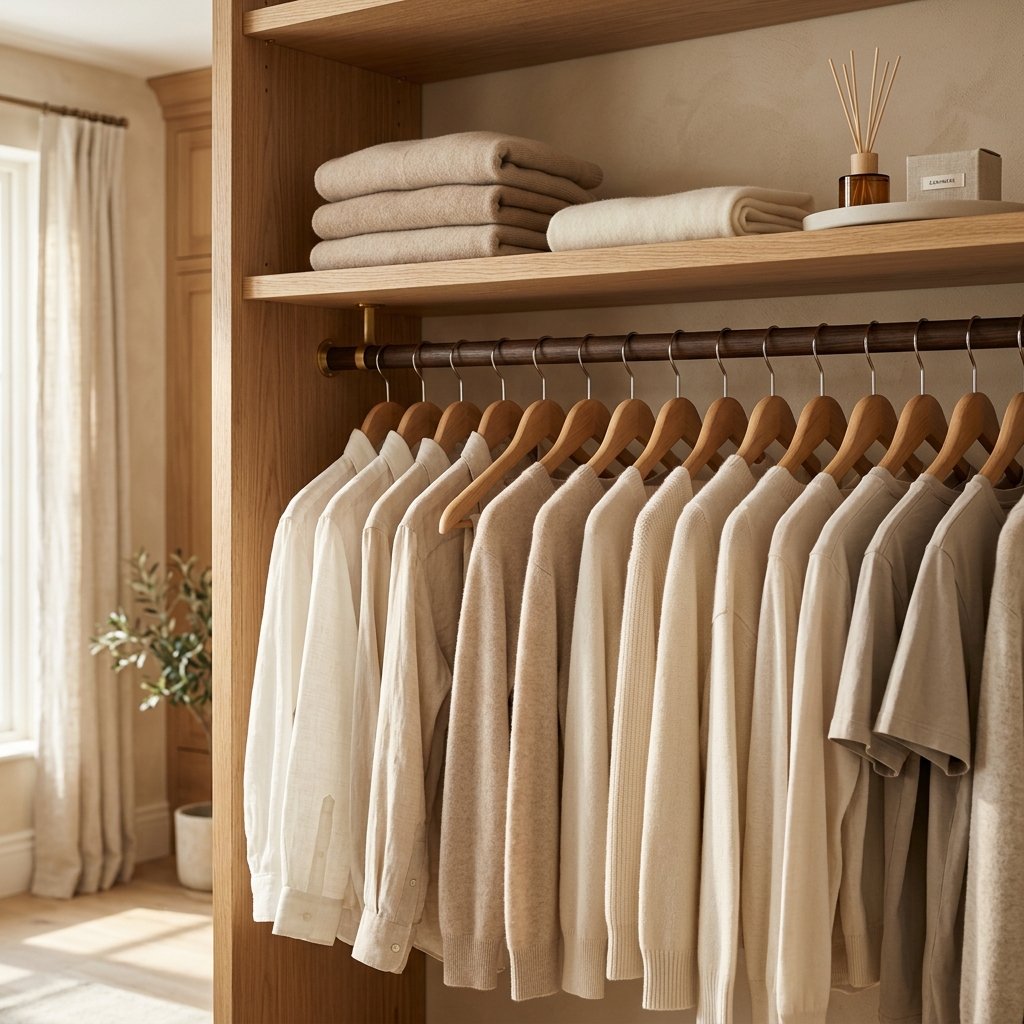 Armário com cabides organizados em tons neutros