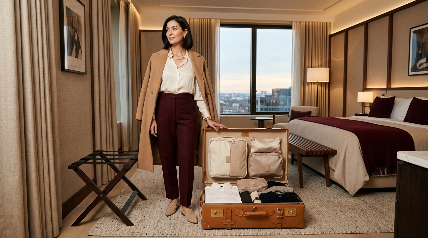 Mulher elegante preparando uma mala de viagem organizada em um quarto de hotel de luxo