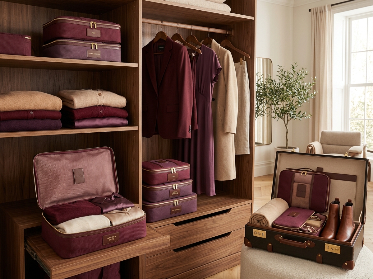 Mala de viagem elegante e organizadores de bagagem com roupas dobradas